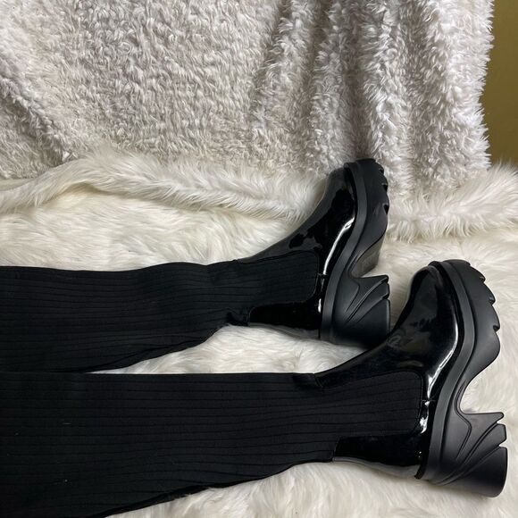 EGO Synthetic Black patent and knitted thigh high chunky platform boots SZ10.5 - Picture 5 of 10